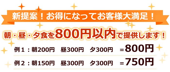 朝・昼・夕食を800円以内で提供します!